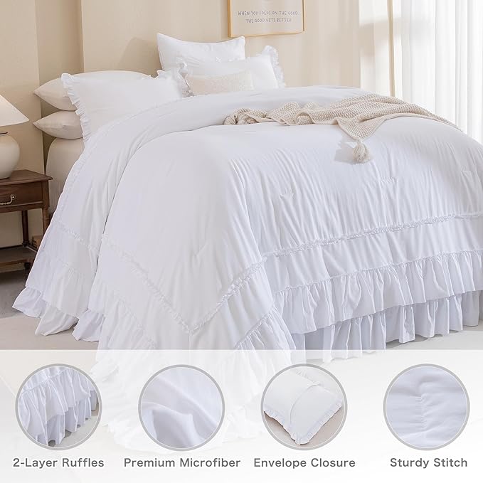 Oversized King Comforter 128x120,White Shabby Boho Chic Farmhouse Bedding Comforter with Ruffles,3 Pieces Vintage Lightweight and Soft French Country Bedding Set - LeafyLoom