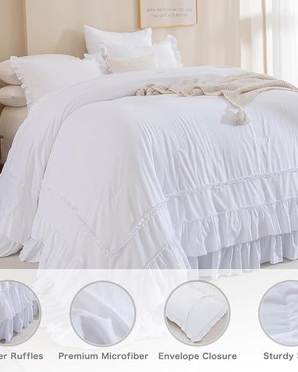 White Oversized King Comforter Set 120x120,Farmhouse Shabby Boho Chic Ruffle California King Bed Comforter Set French Country Rustic Bedding 3PCS (1 Ruffled Comforter+2 Pillow Shams) - LeafyLoom