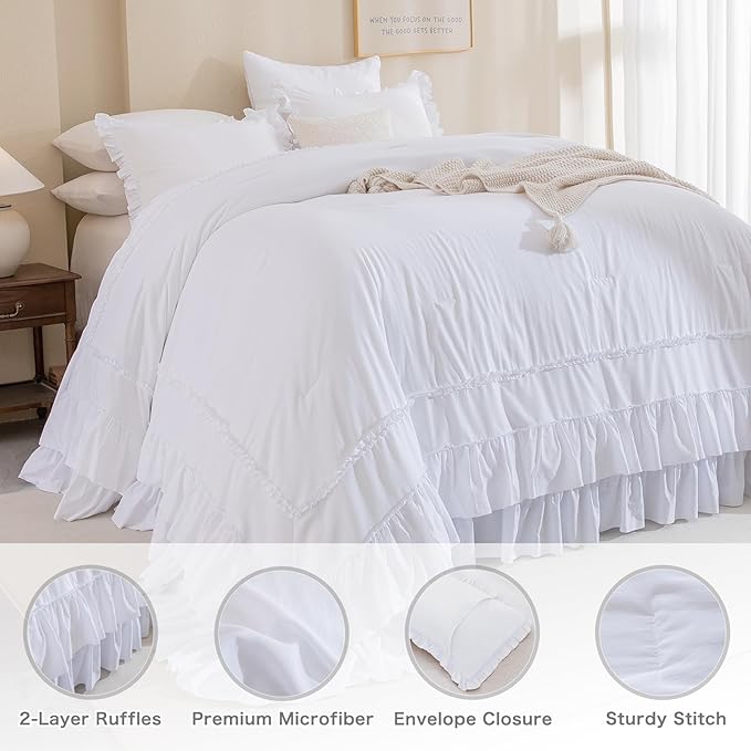 White Oversized King Comforter Set 120x120,Farmhouse Shabby Boho Chic Ruffle California King Bed Comforter Set French Country Rustic Bedding 3PCS (1 Ruffled Comforter+2 Pillow Shams) - LeafyLoom