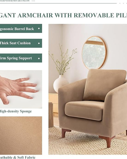 COLAMY Velvet Accent Chair with Storage Ottoman Set, Upholstered Barrel Arm Chair with Footrest, Modern Living Room Chair with Back Pillow, Camel - LeafyLoom