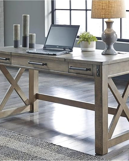 Signature Design by Ashley Aldwin Rustic Farmhouse 60" Home Office Lift Top Desk with Charging Ports, Distressed Gray & Arlenbry End Table, Gray - LeafyLoom