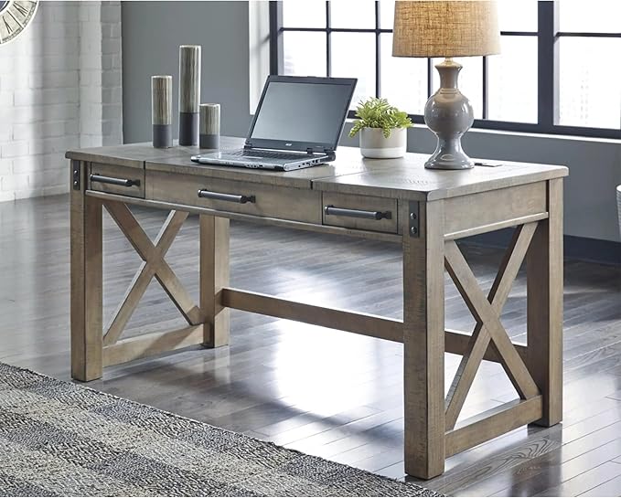 Signature Design by Ashley Aldwin Rustic Farmhouse 60" Home Office Lift Top Desk with Charging Ports, Distressed Gray & Arlenbry End Table, Gray - LeafyLoom