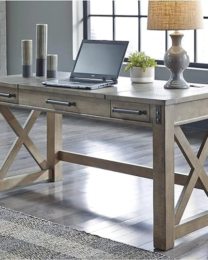 Signature Design by Ashley Aldwin Rustic Farmhouse 60" Home Office Lift Top Desk with Charging Ports, Distressed Gray - LeafyLoom