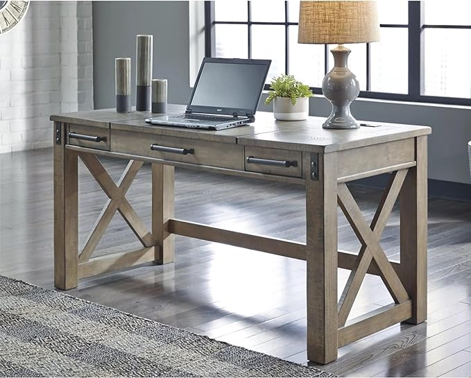 Signature Design by Ashley Aldwin Rustic Farmhouse 60" Home Office Lift Top Desk with Charging Ports, Distressed Gray - LeafyLoom
