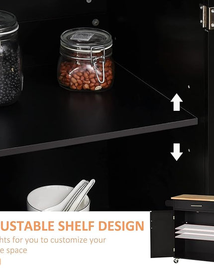 HOMCOM Kitchen Island Cart Rolling Trolley Cart with Drawer, Storage Cabinet & Towel Rack, Black - LeafyLoom
