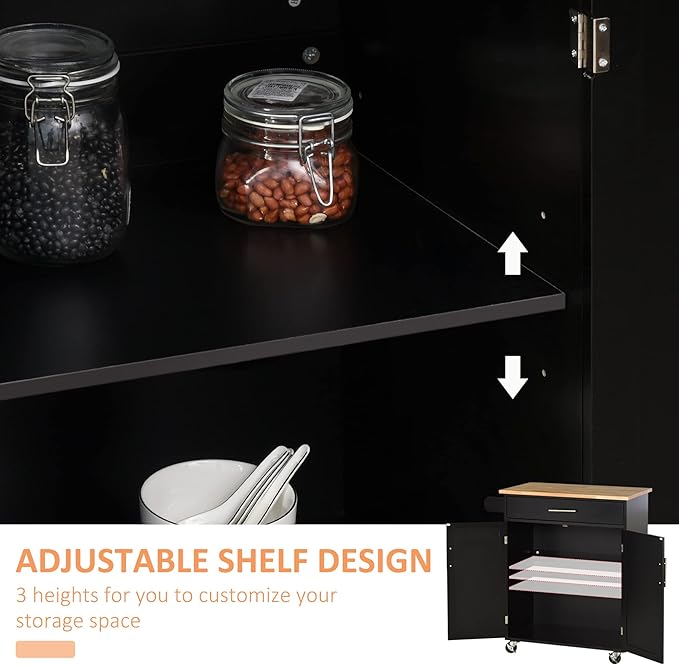 HOMCOM Kitchen Island Cart Rolling Trolley Cart with Drawer, Storage Cabinet & Towel Rack, Black - LeafyLoom