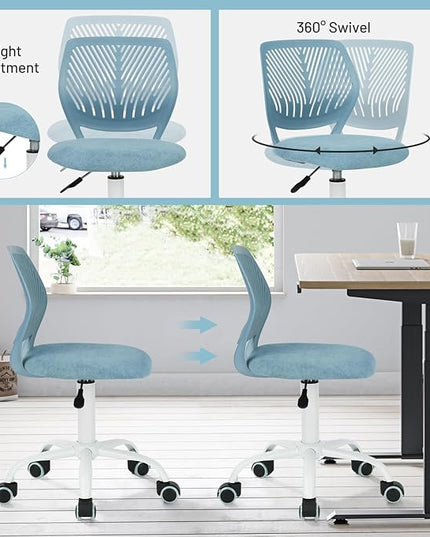 FurnitureR Kids Desk Chair, Small Mid Back Adjustable Swivel Computer Task Study Chair for Student, Fabric Armless Cute Rolling Children Office Chair, Light Blue - LeafyLoom