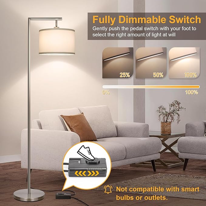 Boncoo Floor Lamps for Living Room, Standing Lamp Tall with Adjustable Silk Shade, Modern Stepless Dimmable Floor Lamp, LED Reading Standing Light for Bedroom Office Dorm Room, 9W Bulb Included - LeafyLoom