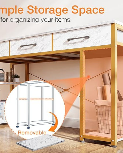 ODK Vanity Desk with Fabric Drawers & Storage Shelves, Makeup Dressing Table, Home Office Desks for Bedroom, Modern Writing Desk,White Marble and Gold Leg, 48"x16" (No Mirror) - LeafyLoom