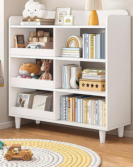 Wooden Cube Bookcase with Legs - 3-Tier Open Shelf Kidsroom Sorted Storage Cabinet Organizer for Books and Toys, 6-Cube Lattice Cute Cubby Bookshelf in Pearl White, 32" W - LeafyLoom