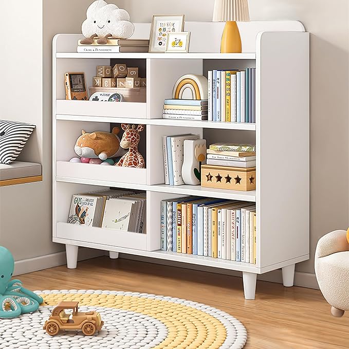 Wooden Cube Bookcase with Legs - 3-Tier Open Shelf Kidsroom Sorted Storage Cabinet Organizer for Books and Toys, 6-Cube Lattice Cute Cubby Bookshelf in Pearl White, 32" W - LeafyLoom