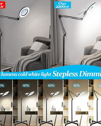 10X Magniyfing Floor Lamp with 4 Wheel Rolling Base for Estheticians 2,200 Lumens LED Magnifier Lighted Glass Lens, AdjustableStand & Swivel Arm Floor Lamp for Reading, Crafts, Tasks - LeafyLoom