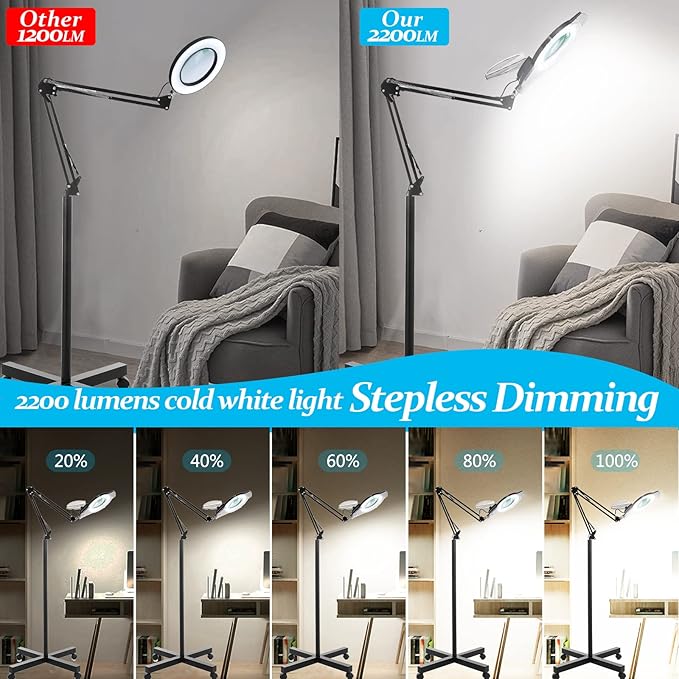 10X Magniyfing Floor Lamp with 4 Wheel Rolling Base for Estheticians 2,200 Lumens LED Magnifier Lighted Glass Lens, AdjustableStand & Swivel Arm Floor Lamp for Reading, Crafts, Tasks - LeafyLoom