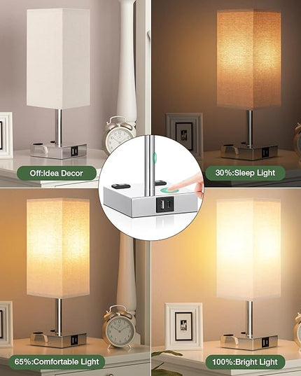 aooshine Beige Set of 2 Touch Lamp with USB Port-Nightstand Lamp with USB-C+A Charge Ports& AC Outlets, 3-Way Dimmable Bedside Lamp with Shade,Small Table Lamp for Bedroom Living Room(Bulb Included) - LeafyLoom