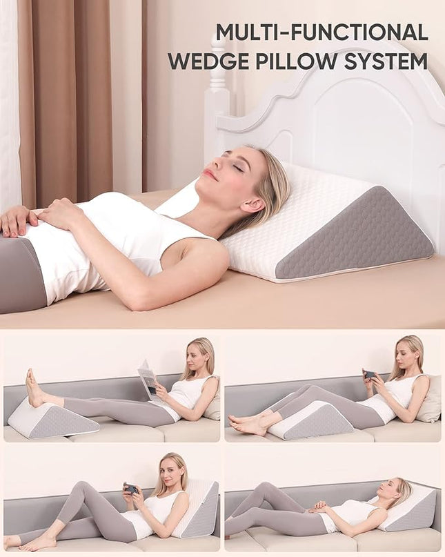 Forias Knee Wedge Pillow 8" Pure Memory Foam Bed Wedge Pillow for Sleeping After Surgery Triangle Pillow for Knee Support Leg Elevation Sciatica Knee Hip Back Pain Relief - Gray & White - LeafyLoom