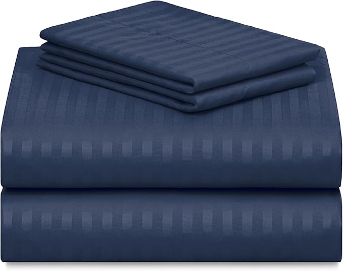 LuxClub Striped Sheets, 4 PC Striped Bed Sheets Twin Size, Deep Pockets 18" Eco Friendly Wrinkle Free-Kids-Fitted Sheets Machine Washable Hotel Bedding (Twin, Navy) - LeafyLoom