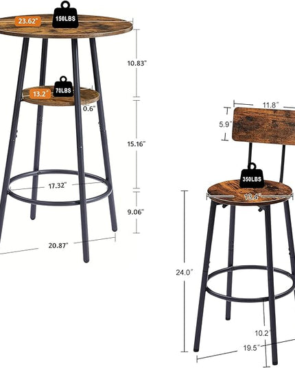 Dining Table Set for 2, Bar Table and Chairs Set, Industrial Counter Height Round Bar Table with Storage Shelf, and 2 Stools with Backrest & Footrest, for Kitchen, Bar, Small Space, Rustic Brown - LeafyLoom