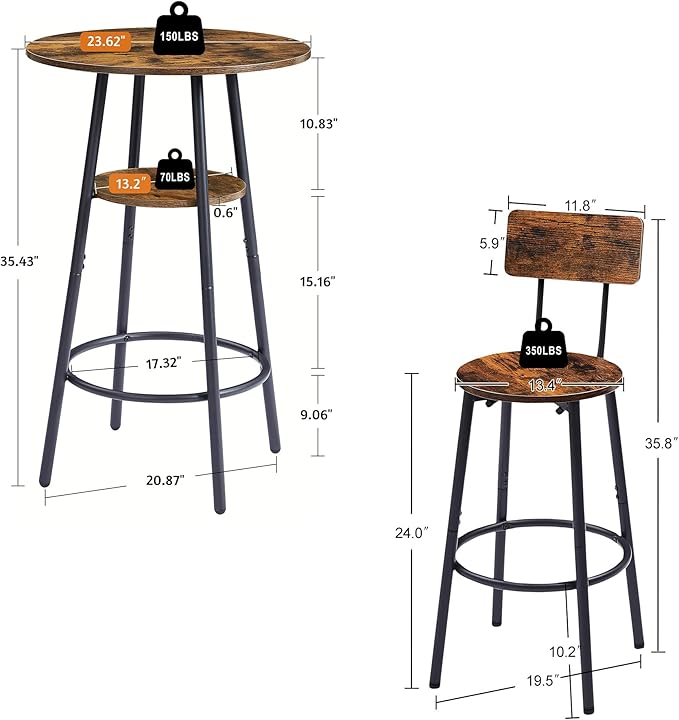 Dining Table Set for 2, Bar Table and Chairs Set, Industrial Counter Height Round Bar Table with Storage Shelf, and 2 Stools with Backrest & Footrest, for Kitchen, Bar, Small Space, Rustic Brown - LeafyLoom