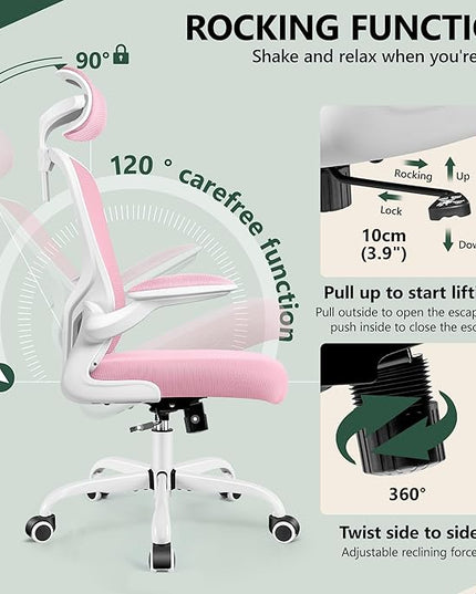 FelixKing Premium Ergonomic Office Chair with Adjustable Headrest, Thickened 90° Flip Armrests, and Lumbar Support – Height Adjustable | Ideal for Home Office Desks and Workstations | Pink - LeafyLoom