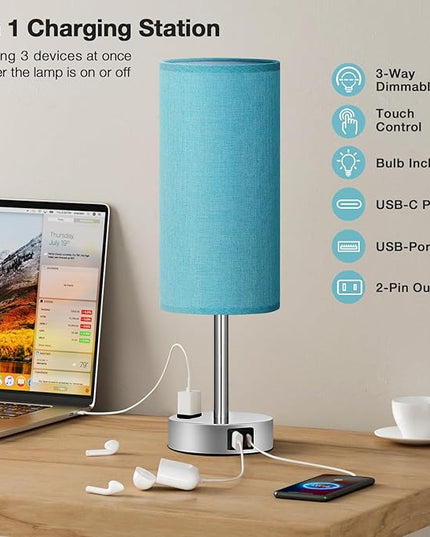 Turquoise Nightstand Table Lamp for Bedroom - 3 Way Dimmable Touch Lamp USB A and C Charging Ports and AC Outlet, Small Lamp for Office Desk with Metal Base, LED Bulb Included - LeafyLoom