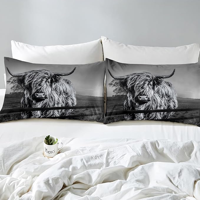 Highland Cow Bedding Set Full Size Grey Bull Cattle Comforter Set Funny Farmhouse Wildlife Animal Duvet Set for Kids Boys Girls Teens Western Cowboy Style Down Comforter Adult Bedroom Decor - LeafyLoom