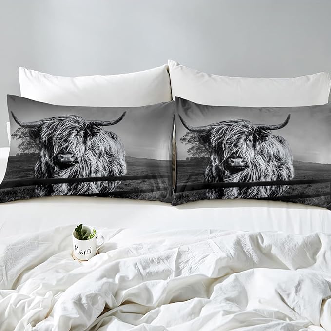 Highland Cow Bedding Set Queen Size Grey Bull Cattle Comforter Set Funny Farmhouse Wildlife Animal Duvet Set for Kids Boys Girls Teens Western Cowboy Style Down Comforter Adult Bedroom Decor - LeafyLoom