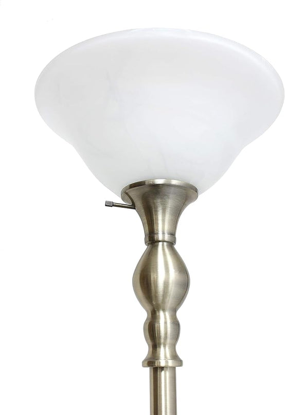 Elegant Designs LF2001-ABS 1 Light Torchiere Marbleized White Glass Shade Floor Lamp, Antique Brass - LeafyLoom