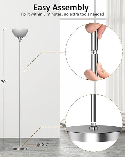 PESRAE Floor Lamp, Remote Control with 4 Color Temperatures, Torchiere Floor lamp for Bedroom, Standing Lamps for Living Room, Bulb Included (Brushed Nickel) - LeafyLoom