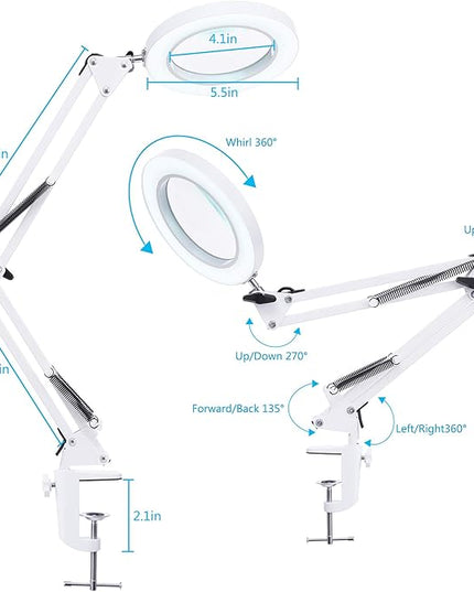 LED Magnifying Lamp with Clamp, 8-Diopter, 10X Real Glass Lens, 3 Color Modes and Stepless Dimmable Magnifier Desk Lamp,Adjustable Swivel Arm Lighted Magnifying Glass for Repair Craft Close Work-White - LeafyLoom