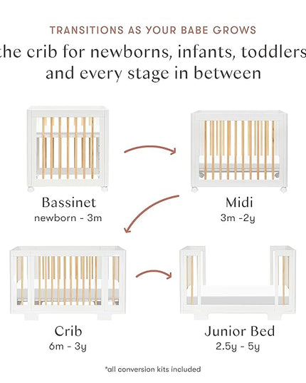 Babyletto Yuzu Convertible All-Stages Bassinet, Midi, Full-Size Crib in White with Natural, Greenguard Gold Certified, Portable & Adjustable with Conversion Kits and Pads Included - LeafyLoom