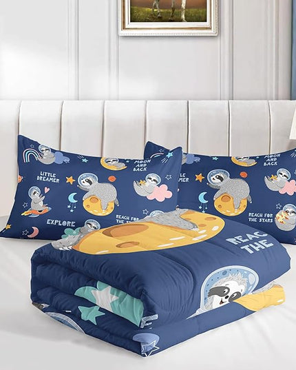 Kawaii Sloth Comforter Set 3 Pieces Outer Space Moon Cloudy Star Bedding Set Cartoon Animal Astronaut Bed Quilt Set for Girls Boys Kids with 1 Comforter and 2 Pillow Cases, Blue - LeafyLoom