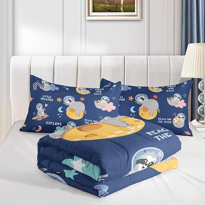 Kawaii Sloth Comforter Set 3 Pieces Outer Space Moon Cloudy Star Bedding Set Cartoon Animal Astronaut Bed Quilt Set for Girls Boys Kids with 1 Comforter and 2 Pillow Cases, Blue - LeafyLoom