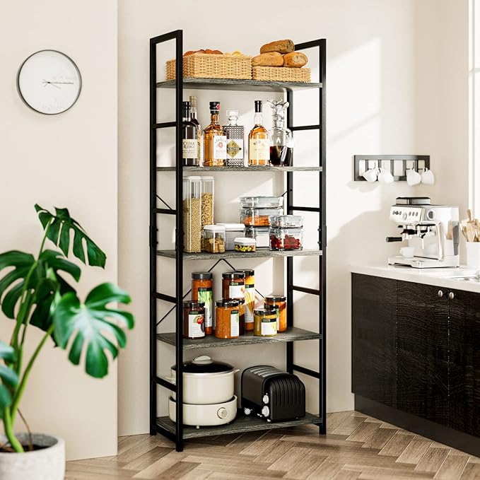 NUMENN 5 Tier Bookshelf, Tall Bookcase Shelf Storage Organizer, Modern Book Shelf for Bedroom, Living Room and Home Office, Dark Grey - LeafyLoom