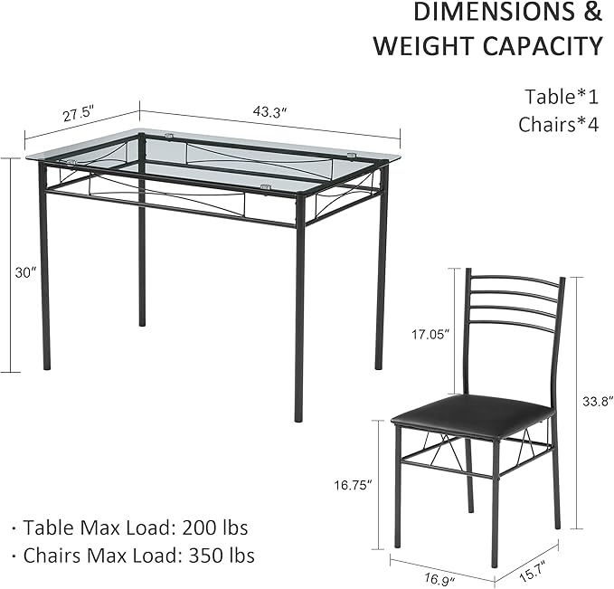 VECELO Dining Table with 4 Chairs [4 Placemats Included, Black, 43.3x27.5x30, 15.7x16.9x33.8 - LeafyLoom