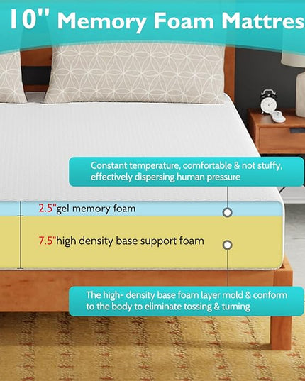 FDW 10 inch California King Mattress Gel Memory Foam Mattress Medium Firm Mattresses for Cool Sleep Relieving Pressure Relief CertiPUR-US Certified Mattress in a Box - LeafyLoom