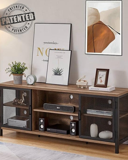 FATORRI Industrial Entertainment Center for TVs up to 65 Inch, Rustic Wood TV Stand, Large TV Console and TV Cabinet for Living Room (60 Inch Wide, Rustic Oak) - LeafyLoom
