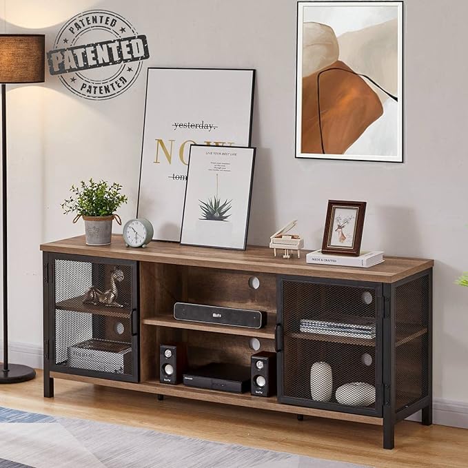 FATORRI Industrial Entertainment Center for TVs up to 65 Inch, Rustic Wood TV Stand, Large TV Console and TV Cabinet for Living Room (60 Inch Wide, Rustic Oak) - LeafyLoom