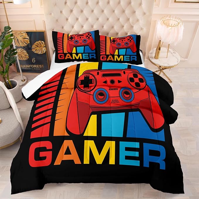 Gaming Comforter Set Twin Size for Boys Kids Game Room Decor Video Game Gamer Comforter Teens Bedroom Gamepad Bedding Set All Season - LeafyLoom