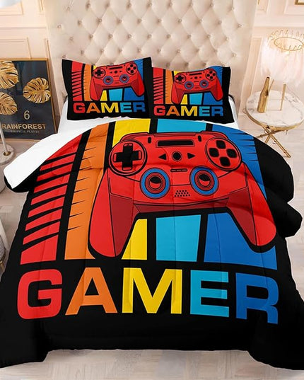 Gaming Comforter Set Queen Size for Boys Kids Game Room Decor Video Game Gamer Comforter Teens Bedroom Gamepad Bedding Set All Season - LeafyLoom
