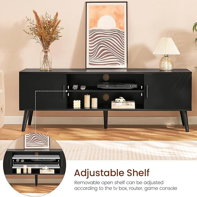 Iwell Black TV Stand for 60 Inch TV, Entertainment Center with Adjustable Shelf, TV Console, Modern TV Stand for Living Room, Bedroom, Black - LeafyLoom