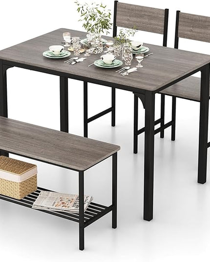 Dining Table Set for 4, Dinette Set w/Bench & Chairs, 2-Person Kitchen Table and Chairs w/Metal Frame & Storage Rack, Space-Saving Kitchen Table w/Bench for Apartment (Grey), Small - LeafyLoom