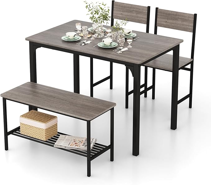 Dining Table Set for 4, Dinette Set w/Bench & Chairs, 2-Person Kitchen Table and Chairs w/Metal Frame & Storage Rack, Space-Saving Kitchen Table w/Bench for Apartment (Grey), Small - LeafyLoom