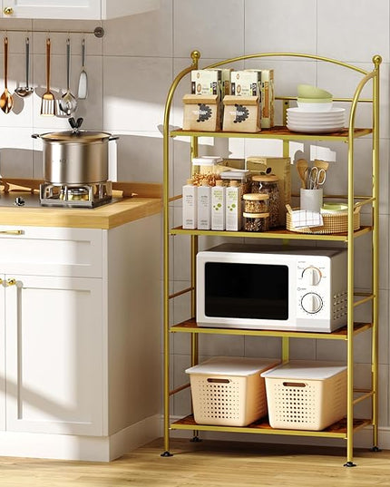 FRAPOW Folding Bookshelf No Assembly, 4 Tier Shelf Gold Collapsible Bookcase, Arched Metal Display Tall Book Shelf with Storage Shelves for Bedroom, Living Room, Home Office - LeafyLoom