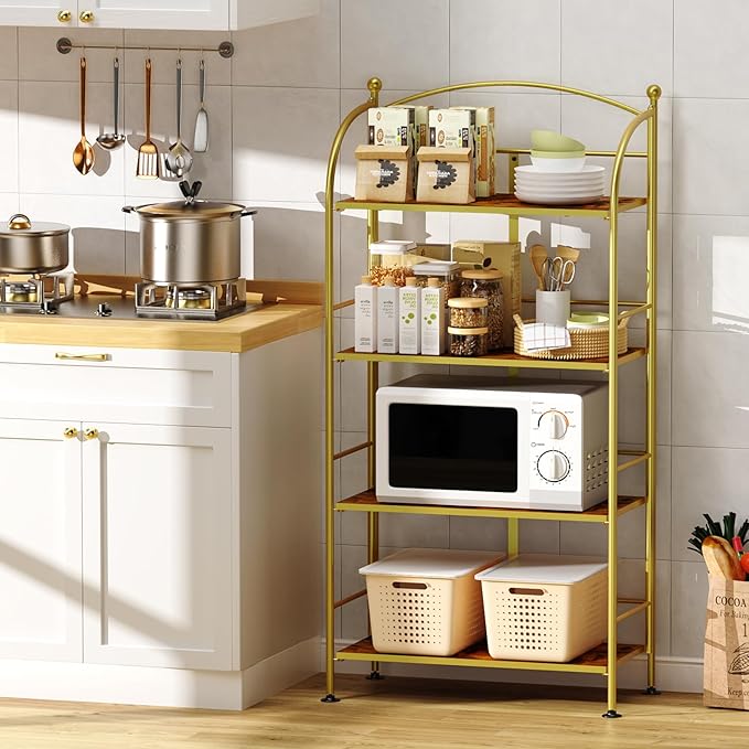 FRAPOW Folding Bookshelf No Assembly, 4 Tier Shelf Gold Collapsible Bookcase, Arched Metal Display Tall Book Shelf with Storage Shelves for Bedroom, Living Room, Home Office - LeafyLoom