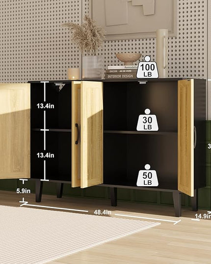 Storage Cabinet with Rattan Trim - 4 Door Sideboard Buffet Cabinet with Storage, Accent Cabinet with Shelves for Bathroom, Coffee Bar, Kitchen, Living Room, Hallway (Black) - LeafyLoom