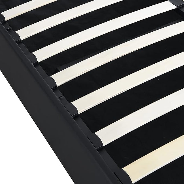 Modern Queen Size Upholstered Faux Leather Platform Bed with a Hydraulic Storage System, Metal Strips Headboard and Footboard, No Box Spring Needed, Sturdy Slat Support, Easy to Assemble - LeafyLoom