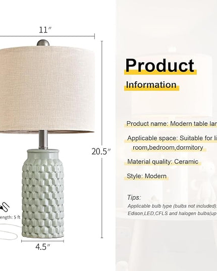 20.5 inches Modern Ceramic Green Bedside Lamp Set of 2 for Bedroom Decor Farmhouse Table Lamp for Living Room Office Dorm - LeafyLoom