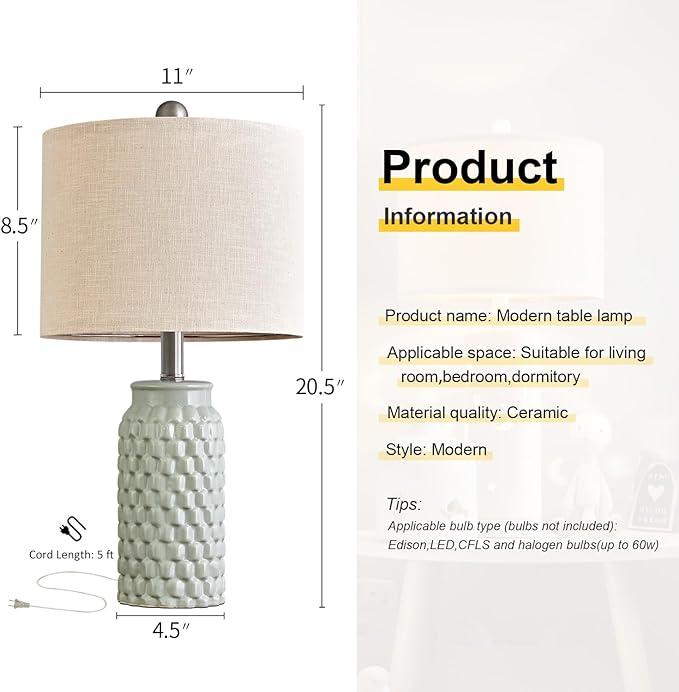 20.5 inches Modern Ceramic Green Bedside Lamp Set of 2 for Bedroom Decor Farmhouse Table Lamp for Living Room Office Dorm - LeafyLoom