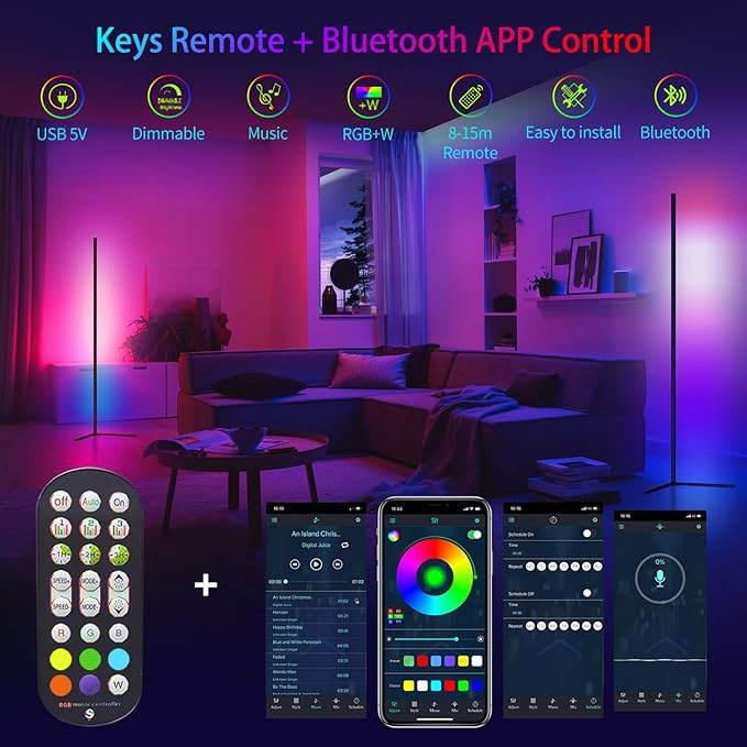 Bodun RGB Corner Floor Lamp 56 inches Smart LED Mood Lighting Bar Ambient Light Tower with Music Sync Floor Lamps for Living Room Remote Control Color Changing - LeafyLoom