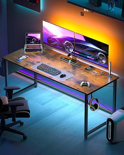AODK 55 inch Small Computer Desk with Power Outlet for Small Spaces Home Office Student Laptop PC Writing Desks with Storage Bag Headphone Hook, Vintage - LeafyLoom